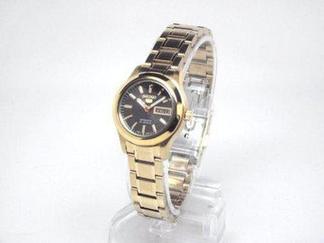 Seiko 5 Classic Ladies Size Black Dial Gold Plated Stainless Steel