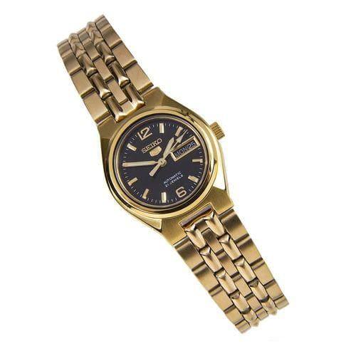 Seiko 5 Classic Ladies Size Black Dial Gold Plated Stainless Steel Strap Watch SYMK38K1 - Prestige