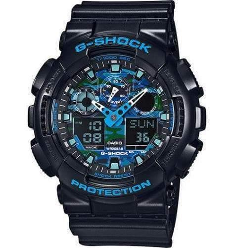 Casio G-Shock Military Blue Camo Camouflage Print Dial Watch GA100CB-1ADR - Prestige