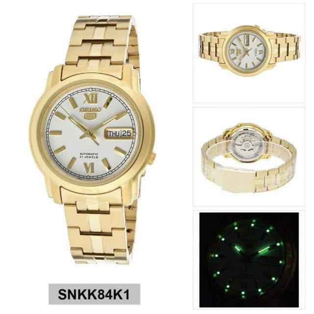 Seiko 5 Classic Men's Size White Dial Gold Plated Stainless Steel Strap Watch SNKK84K1 - Prestige
