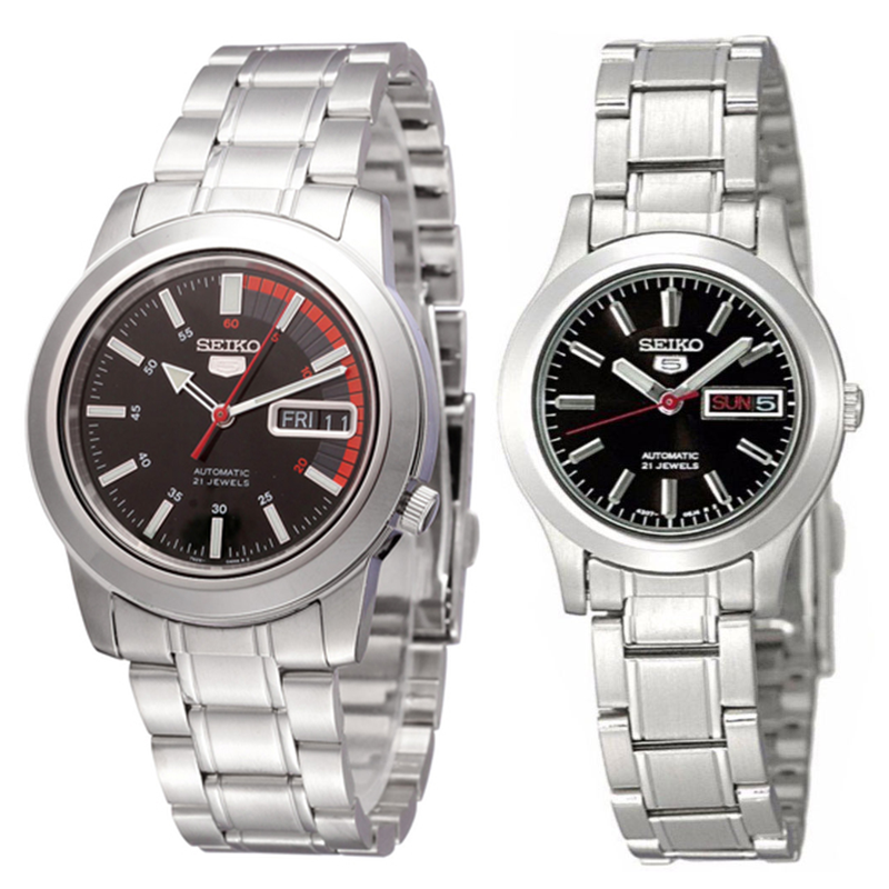 Seiko 5 Classic Black Dial with Red Bar Couple's Stainless Steel Watch Set SNKK31K1+SYMD95K1 - Prestige