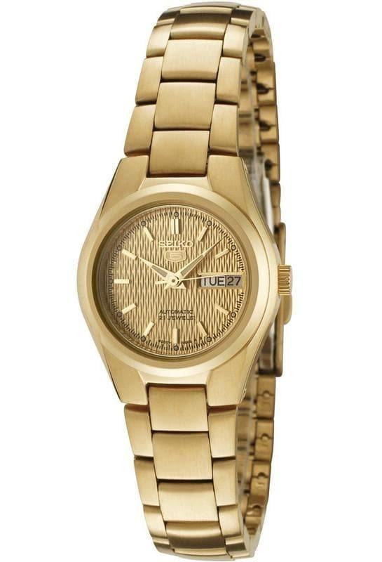 Seiko 5 Classic Ladies Size Gold Dial Gold Plated Stainless Steel Strap Watch SYMC18K1 - Prestige