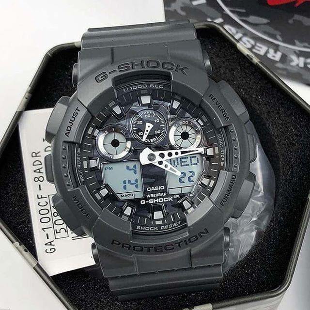 Casio G-Shock Military Grey Camo Camouflage Print Dial Black Watch GA100CF-8ADR - Prestige