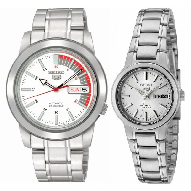 Seiko 5 Classic White Dial with Red Bar Couple's Stainless Steel Watch Set SNKK25K1+SYME39K1 - Prestige