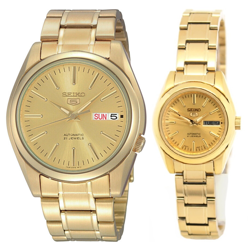 Seiko 5 Classic Gold Dial Couple's Gold Plated Stainless Steel Watch Set SNKL48K1+SYMK20K1 - Prestige