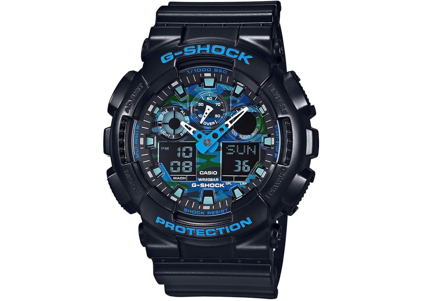 Casio G-Shock Military Blue Camo Camouflage Print Dial Watch GA100CB-1ADR - Prestige