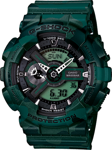 Casio G Shock GA110 Series Military Green Camo Black Dial Watch GA110CM 3ADR Prestige