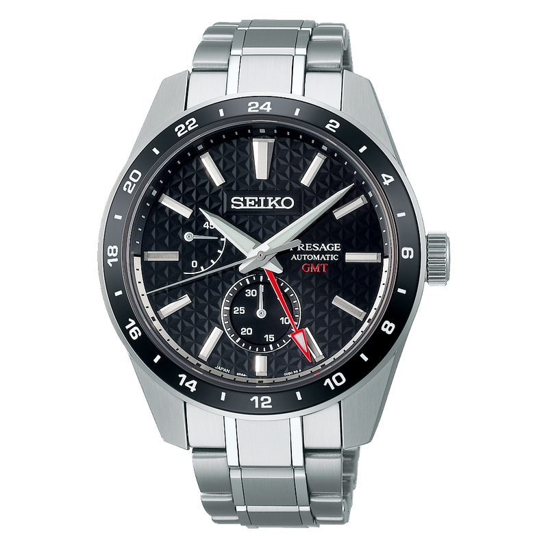Seiko Japan Made Presage Sharp Edged Series Sumi-Iro Black GMT Men's Stainless Steel Watch SPB221J1 - Prestige