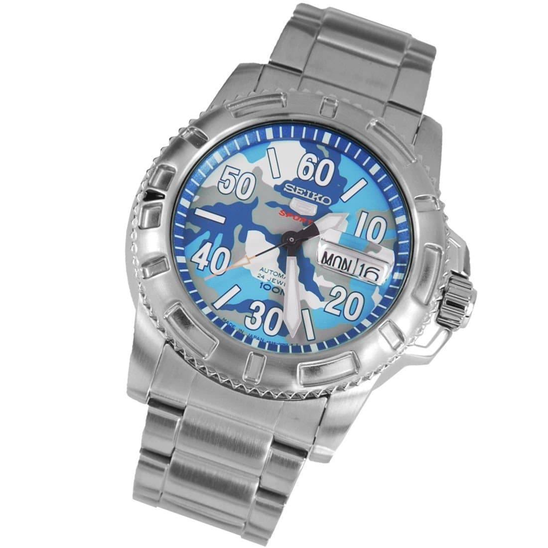 Seiko 5 Sports Military 100M Camo Blue Dial Automatic Men's Watch SRP223K1 - Prestige