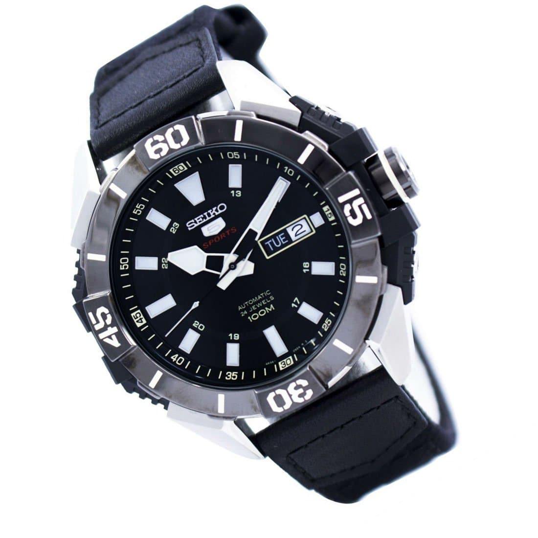 Seiko 5 Sports 100M Men's Black Dial Leather Nylon Strap Watch SRP799K1 - Prestige