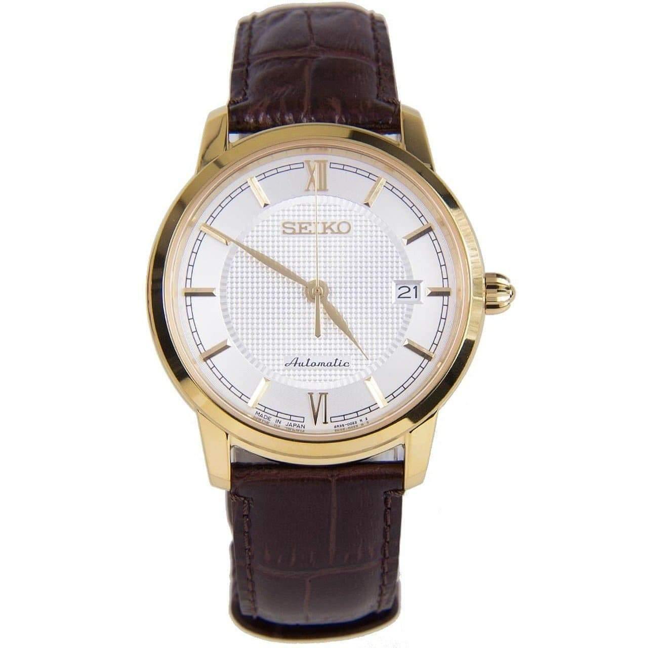 Seiko Japan Made Pre- Presage Silver Dial Gold Plated Men's Brown Leather Strap Watch SRPA14J1 - Prestige