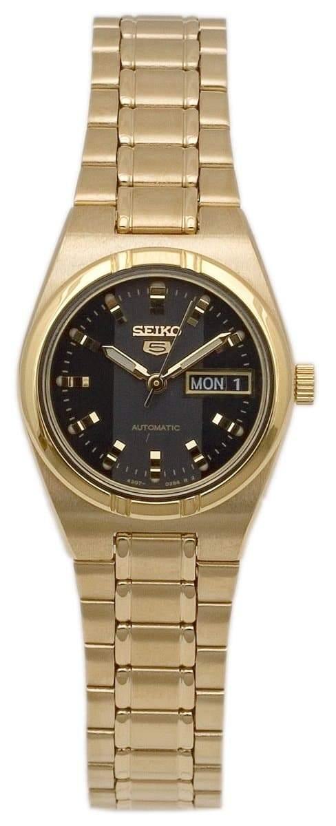Seiko 5 Classic Ladies Size Black Dial Gold Plated Stainless Steel Strap Watch SYM602K1 - Prestige