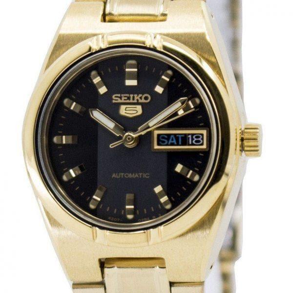 Seiko 5 Classic Ladies Size Black Dial Gold Plated Stainless Steel Strap Watch SYM602K1 - Prestige