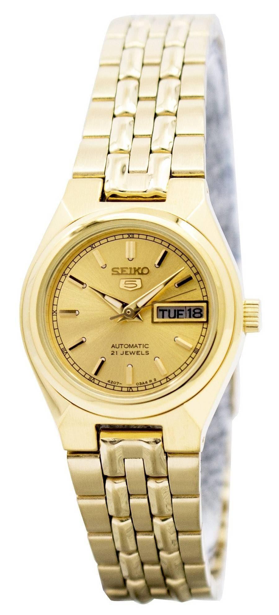 Seiko 5 Classic Ladies Size Gold Dial Gold Plated Stainless Steel Strap Watch SYMA04K1 - Prestige