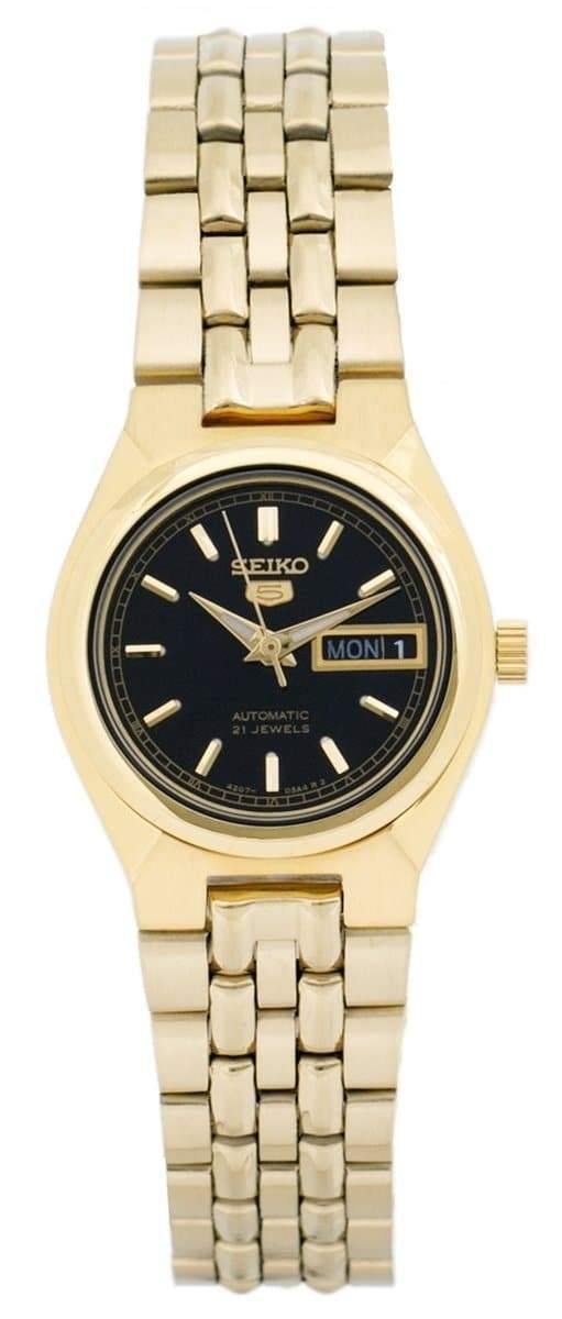 Seiko 5 Classic Ladies Size Black Dial Gold Plated Stainless Steel Strap Watch SYMA06K1 - Prestige