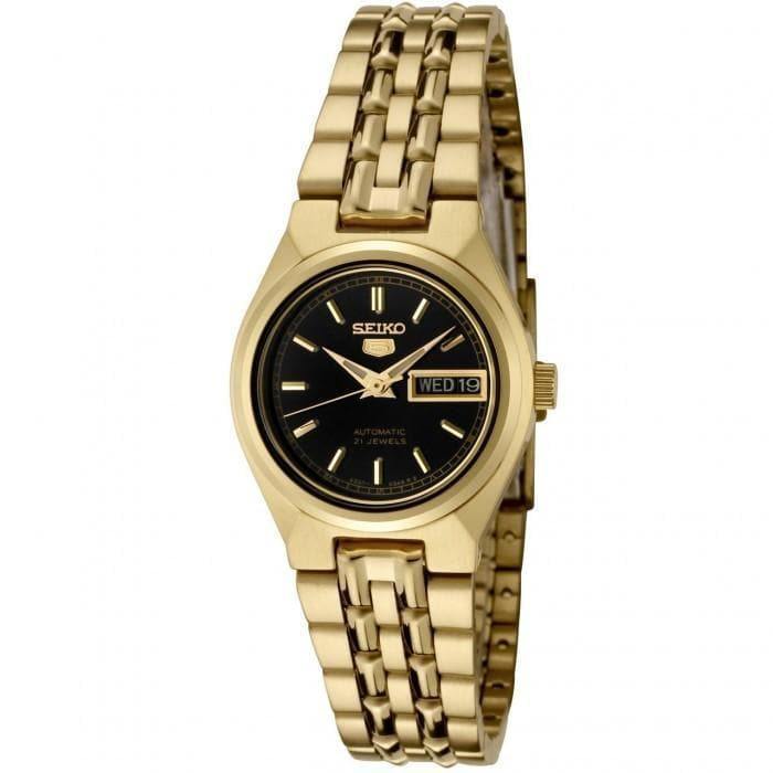 Seiko 5 Classic Ladies Size Black Dial Gold Plated Stainless Steel Strap Watch SYMA06K1 - Prestige