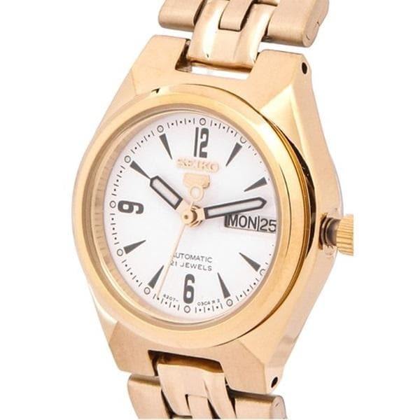 Seiko 5 Classic Ladies Size White Dial Gold Plated Stainless Steel Strap Watch SYMA22K1 - Prestige