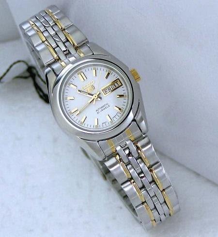 Seiko 5 Classic Ladies Size White Dial 2 Tone Gold Plated Stainless Steel Strap Watch SYMA35K1 - Prestige