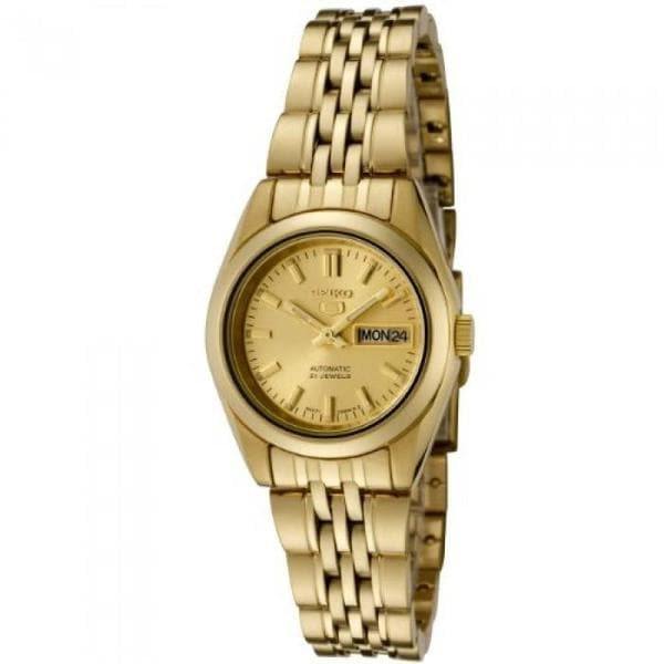 Seiko 5 Classic Ladies Size Gold Dial Gold Plated Stainless Steel Strap Watch SYMA38K1 - Prestige