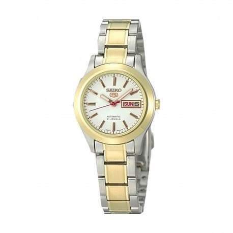 Seiko 5 Classic Ladies Size White Dial 2 Tone Gold Plated Stainless Steel Strap Watch SYMD90K1 - Prestige