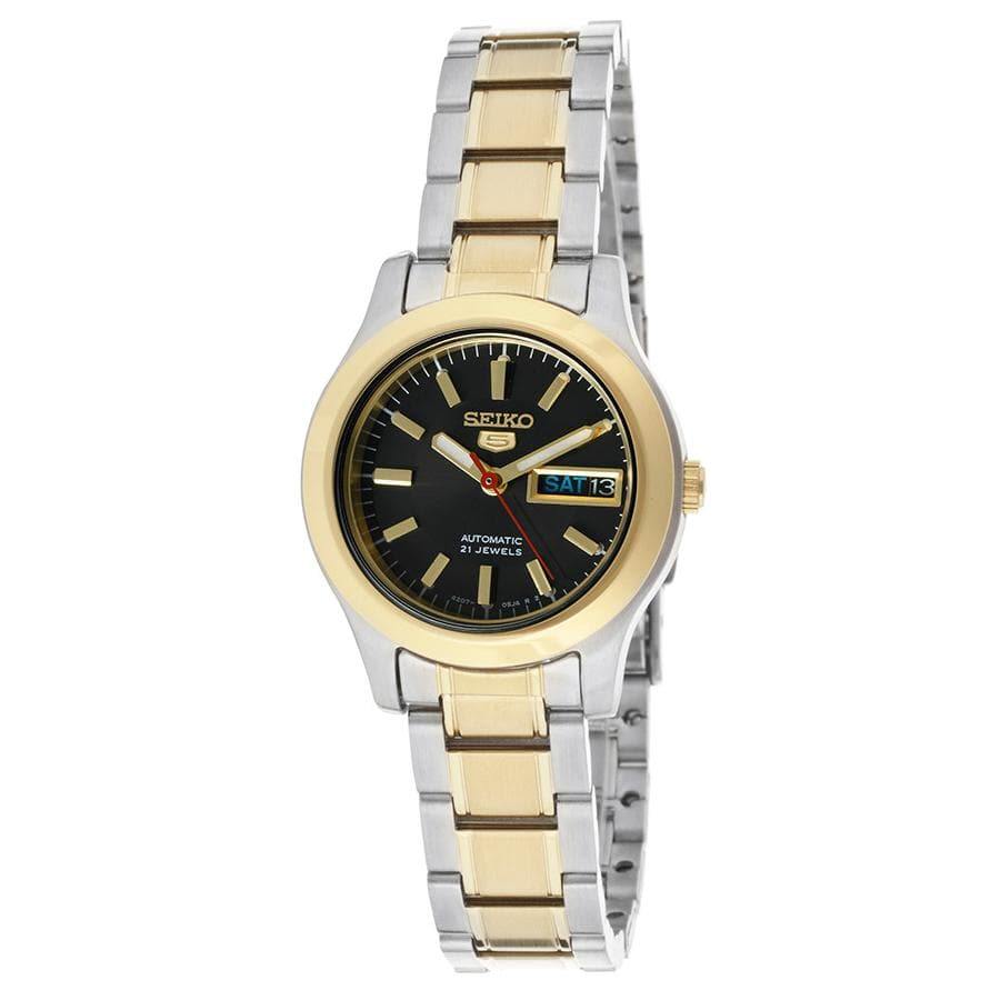 Seiko 5 Classic Ladies Size Black Dial 2 Tone Gold Plated Stainless Steel Strap Watch SYMD94K1 - Prestige