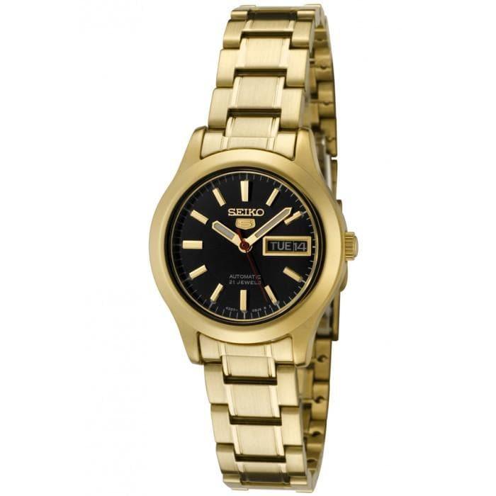 Seiko 5 Classic Ladies Size Black Dial Gold Plated Stainless Steel Strap Watch SYMD96K1 - Prestige