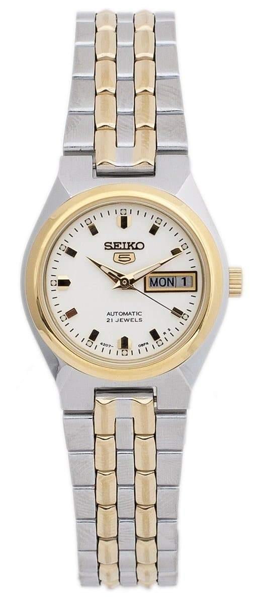 Seiko 5 Classic Ladies Size White Dial 2 Tone Gold Plated Stainless Steel Strap Watch SYMK44K1 - Prestige