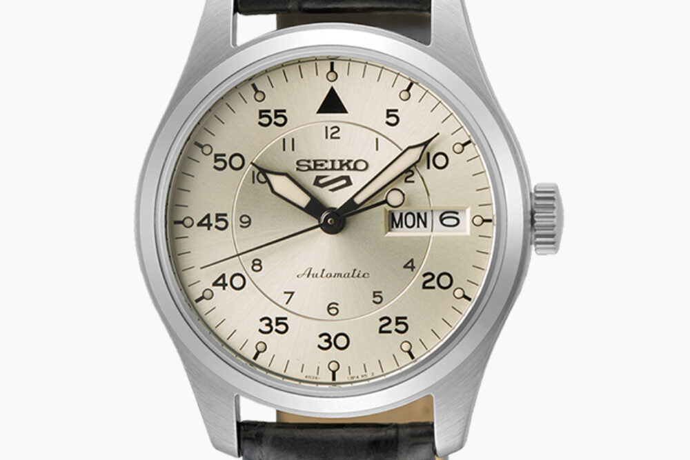 Seiko 5 100M Flieger Suit Style Champagne Dial Automatic Leather Strap Watch SRPJ87K1