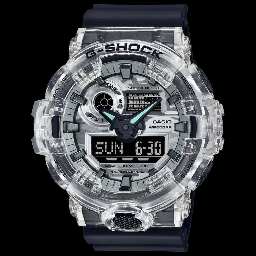 Casio G-Shock Metallic Grey Camo Camouflage Dial Translucent bezel Black Watch GA700SKC-1ADR