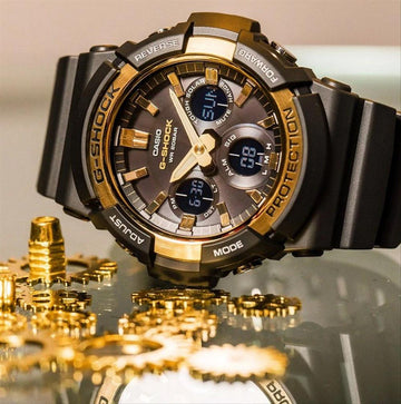 Casio G Shock Standard Anadigi Black x Gold Bezel Accents Watch