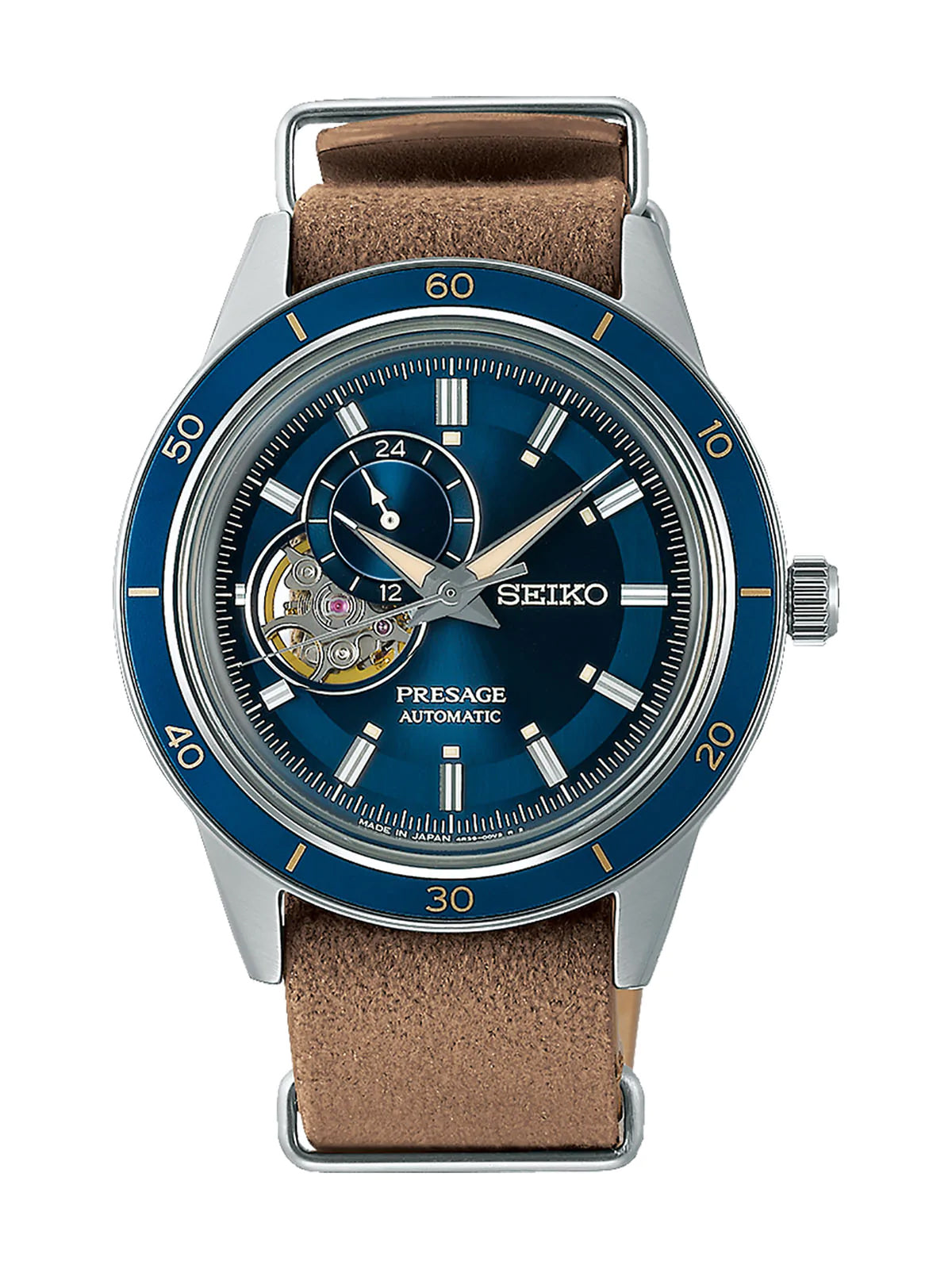 Seiko Presage Style 60 Blue Men's Brown Denim Leather Strap Watch w/ Power Reserve Indicator - Prestige