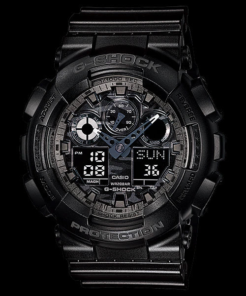 Casio G-Shock Military All Black Stealth Camo Print Dial Watch GA100CF-1ADR - Prestige