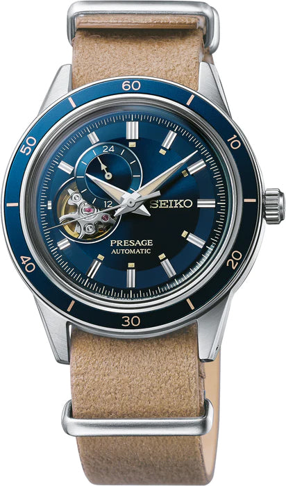 Seiko Presage Style 60 Blue Men's Brown Denim Leather Strap Watch w/ Power Reserve Indicator - Prestige