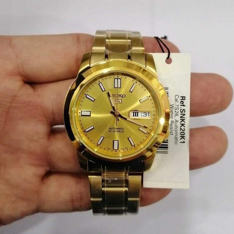 Seiko 5 Classic Gold Dial Couple's Gold Plated Stainless Steel Watch Set SNKK20K1+SYM600K1 - Prestige