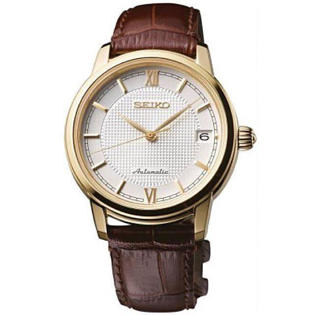 Seiko Japan Made Pre- Presage Silver Dial Gold Plated Men's Brown Leather Strap Watch SRPA14J1 - Prestige
