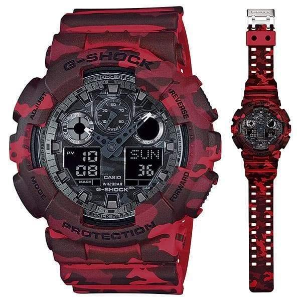 Casio G-Shock Military Black Camo Print Dial Red Camo Watch GA100CM-4ADR - Prestige