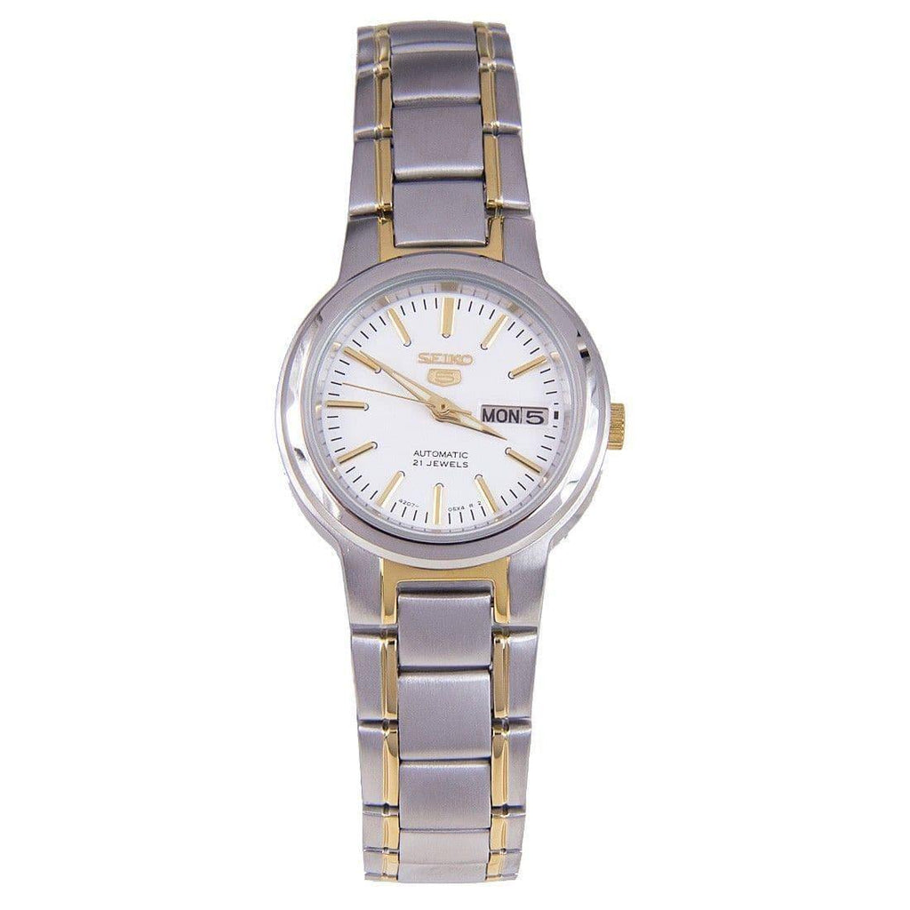 Seiko 5 Classic Ladies Size White Dial 2 Tone Gold Plated Stainless Steel Strap Watch SYME44K1 - Prestige