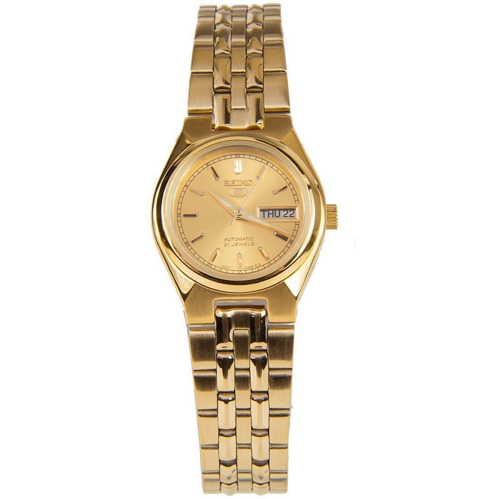 Seiko 5 Classic Ladies Size Gold Dial Gold Plated Stainless Steel Strap Watch SYMA04K1 - Prestige