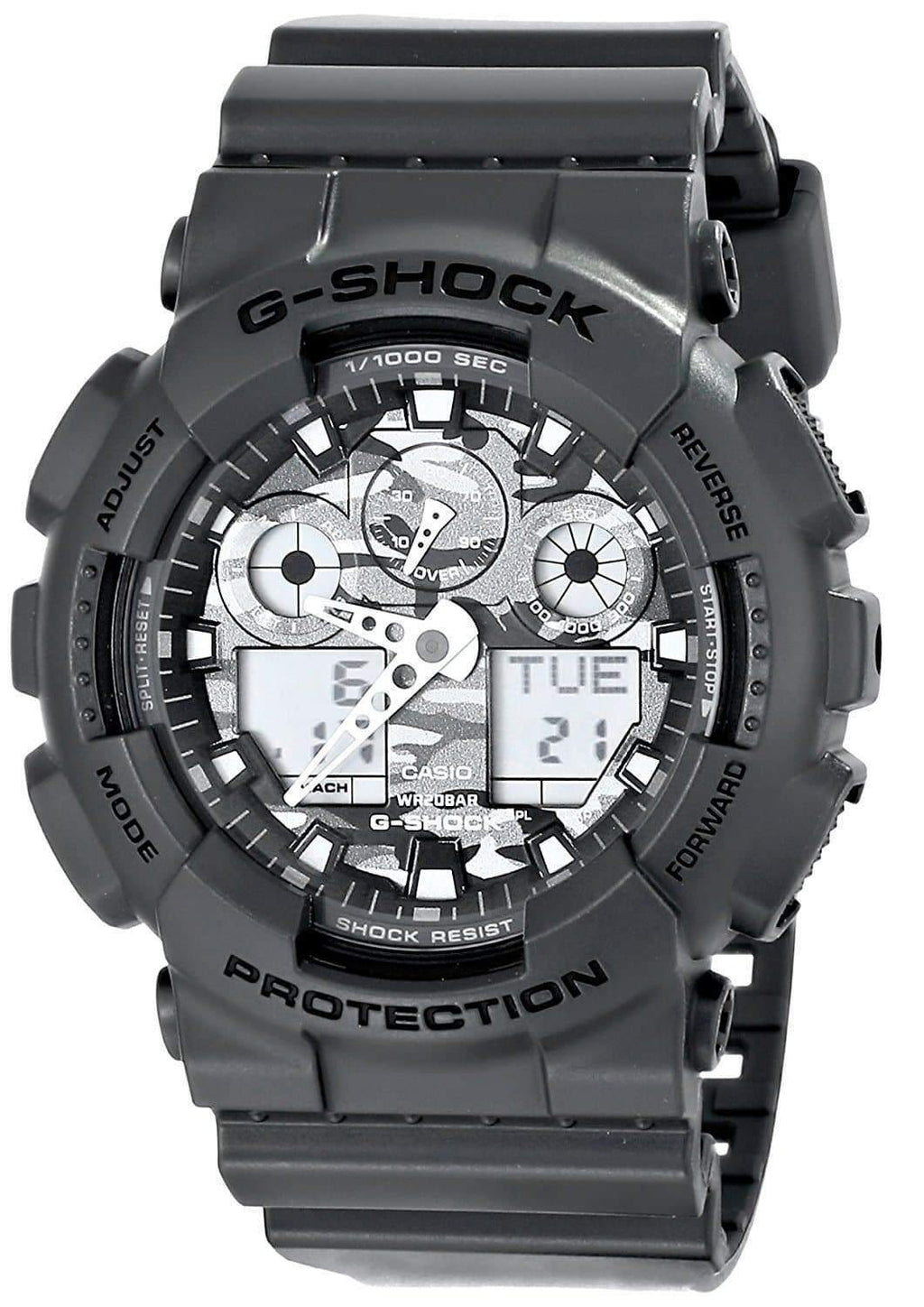 Casio G-Shock Military Grey Camo Camouflage Print Dial Black Watch GA100CF-8ADR - Prestige