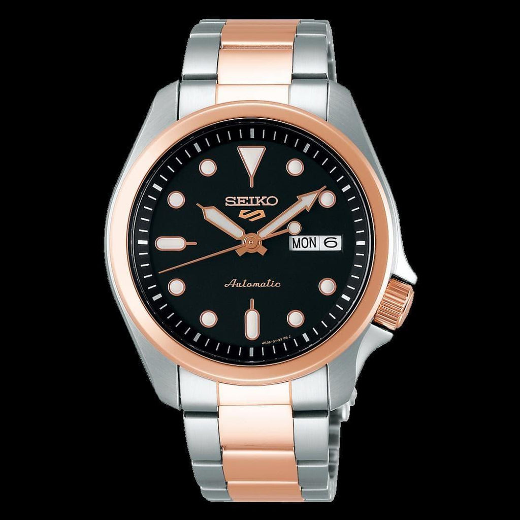 Seiko 5 Sports 100M Automatic Men's Watch Black Dial 2 Tone Rose Gold Plated SRPE58K1 - Prestige