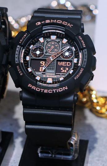 Casio G-Shock Analog-Digital Black x Rose Gold Accents Watch GA100GBX-1A4DR - Prestige