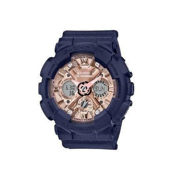 Casio G Shock Anadigi Rose Gold Metallic Face Ladies Blue Watch GMAS120MF 2A2DR Prestige