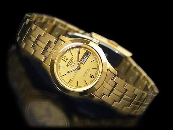 Seiko 5 Classic Ladies Size Gold Dial Gold Plated Stainless Steel Strap Watch SYME02K1 - Prestige
