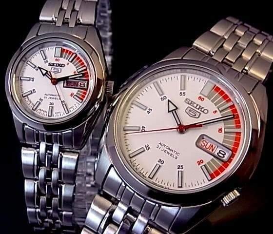 Seiko 5 Classic White Dial with Red Bar Couple's Stainless Steel Watch Set SNK369K1+SYMA41K1 - Prestige