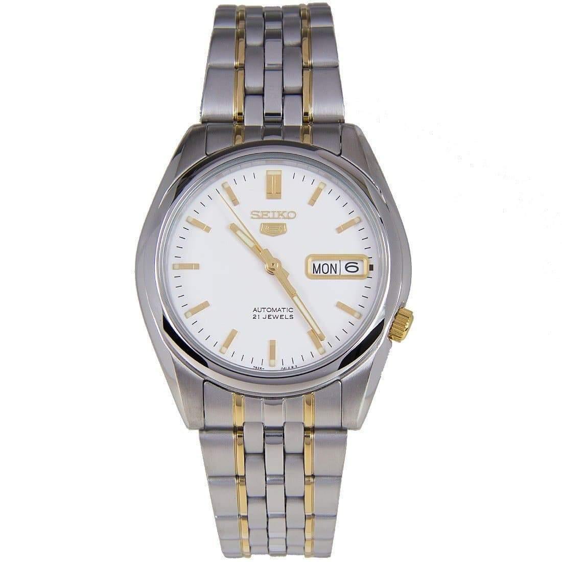 Seiko 5 Classic White Dial Couple's 2 tone Gold Plated Stainless Steel Watch Set SNK363K1+SYMA35K1 - Prestige