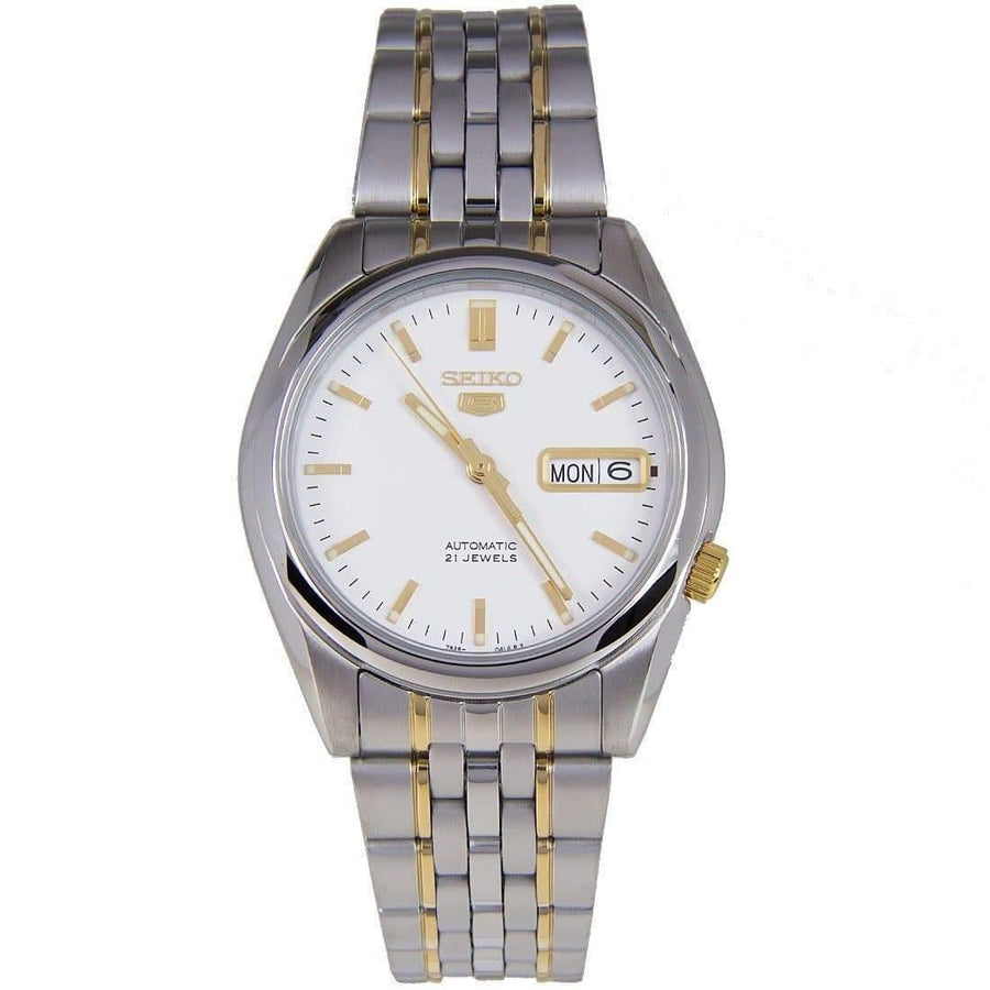Seiko 5 Classic Men's Size White Dial 2 Tone Gold Plated Stainless Steel Strap Watch SNK363K1 - Prestige