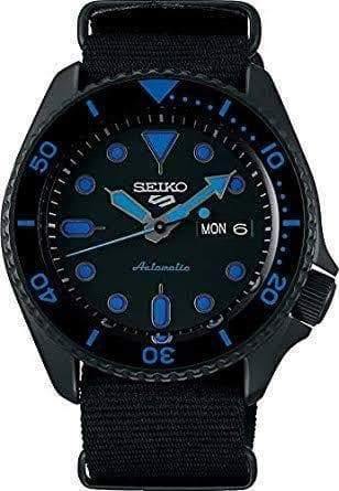 Seiko 5 Sports 100M Automatic Men's Watch Blue Hands Index Stealth All BLACK Nylon Strap SRPD81K1 - Prestige