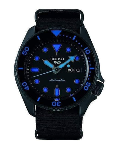 Seiko 5 Sports 100M Automatic Men's Blue Hands Stealth All BLACK Nylon SRPD81K1 – Prestige