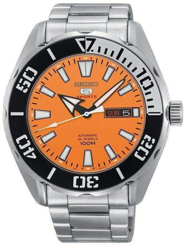 Seiko 5 Sports Japan Made 100M Orange Dial Black Bezel Men's Watch SRPC55J1 - Prestige