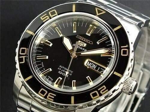 Seiko 5 Sports Japan Made Black with Gold Bezel 55 Fathoms Men's Watch SNZH57J1 - Prestige
